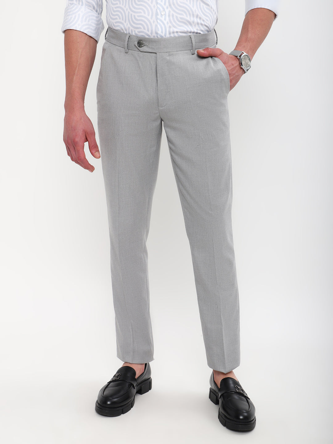 Buy JadeBlue Men Light Grey Terry Rayon Super Slim Fit Solid Formal Trouser  online