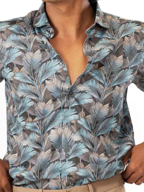 Blue With Grey Tropical Leaf Shirt